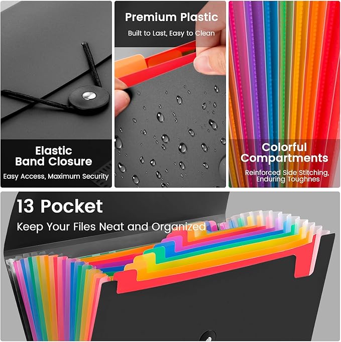 6 Pack Accordion File Organizer with Labels, 13 Pocket Expanding File Folder for Letter Size A4 Papers, Ideal for Home, Office Supplies, College Essentials