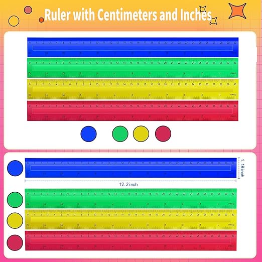 60 Pcs 12 Inch Plastic Rulers Bulk Kid Ruler for School Back to School Supplies, Flexible Assorted Color Ruler with Centimeters and Inches for Students School Education (60)
