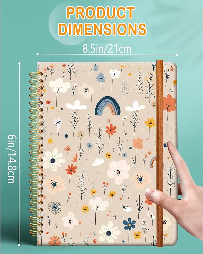 Ruled Spiral Writing Notebook,A5 Hardcover Lined College Journal for Women Lady Girl,Strong Twin-Wire Binding with Premium Paper,8.4" X 6",Perfect for School,Office,Home Gifts(rainbow flower