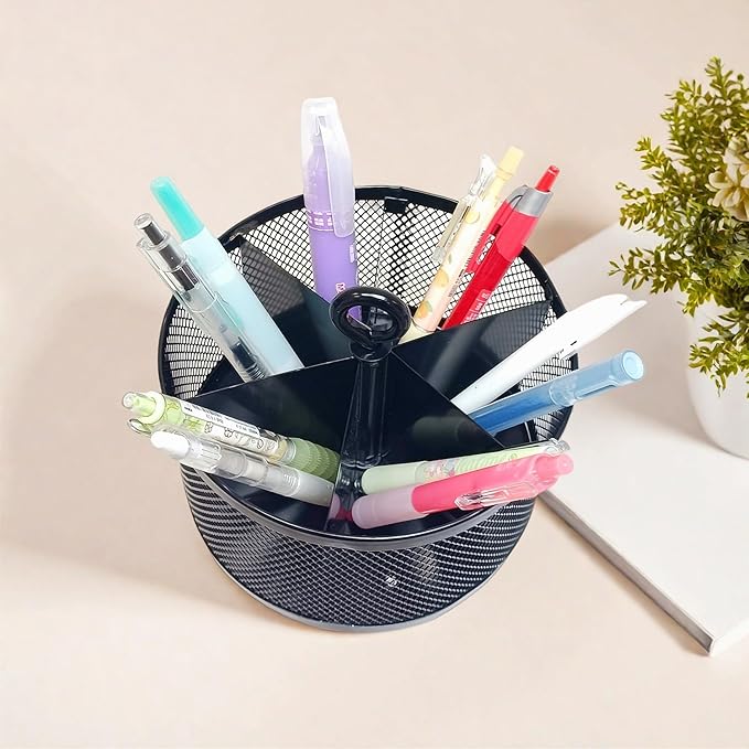 SETTFRFE Metal Mesh Desk Organizer,360°Rotating Pen Holder, Black Pencil Container with 6 Compartments, Office Supplies Organizer for Students, Home, Workspace