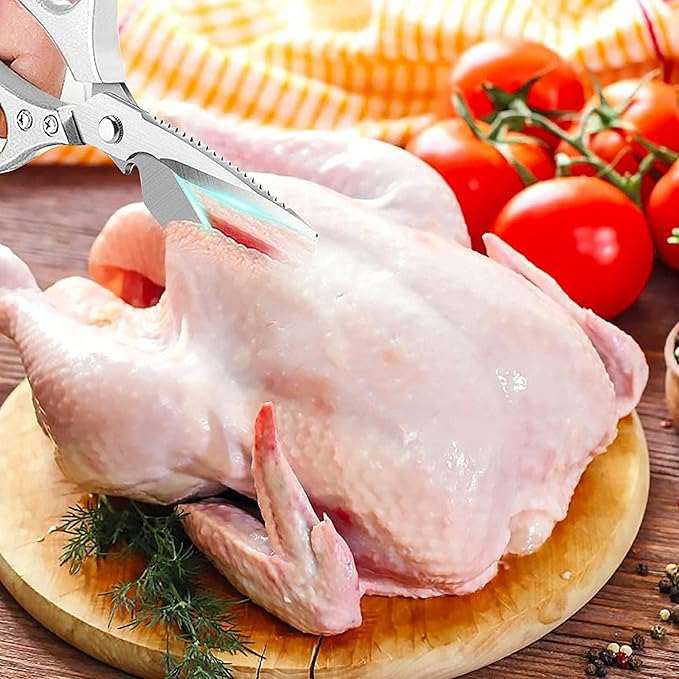 LONJYI Multi Function Kitchen Scissors, Heavy Duty Stainless Steel Shears with Ultra Sharp Blades Left Right Handed Scissors Use for Chicken Meat Seafood Vegetables BBQ Bottle Opener Silver