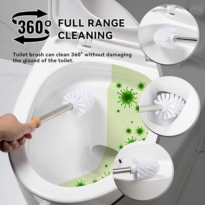 Modern Toilet Brush Set and Holder - Toilet Bowl Brush Ceramic Bathroom Accessories Set Decor, Cleaner Brush Kit with Detachable Brush Head & Natural Wood Handle (Ivory White)