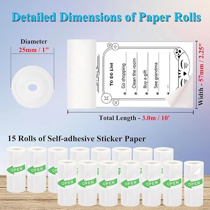 15 Rolls Mini Sticker Paper, Thermal Sticker Paper for Sticker Maker, Self-Adhesive Sticker Printer Paper, 57 x 25 mm, Compatible with Most Receipt Printers