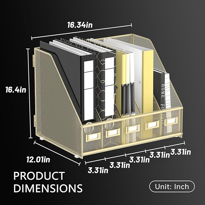 DALTACK Desk Organizers Metal Magazine File Holder with 5 Vertical Compartments Folder Storage Binder Organizer for Office Home School Organization, Golden Yellow, Plus