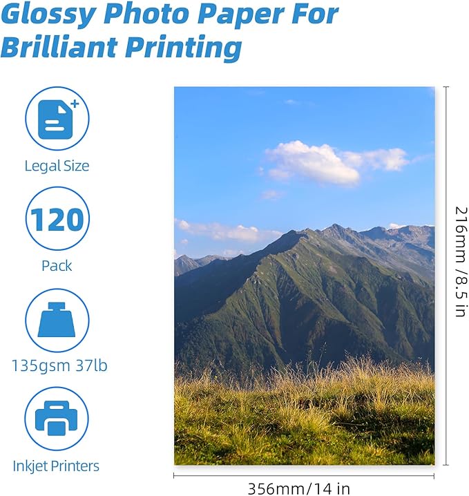 Uinkit 120sheets Thin Glossy Paper 8.5x14 Inches Legal Size 135gsm 37lb Inkjet Single Side DIY Chip Bags Printer Paper for Picture Brochure Flyer Compatible with Inkjet Printer Use DYE INK