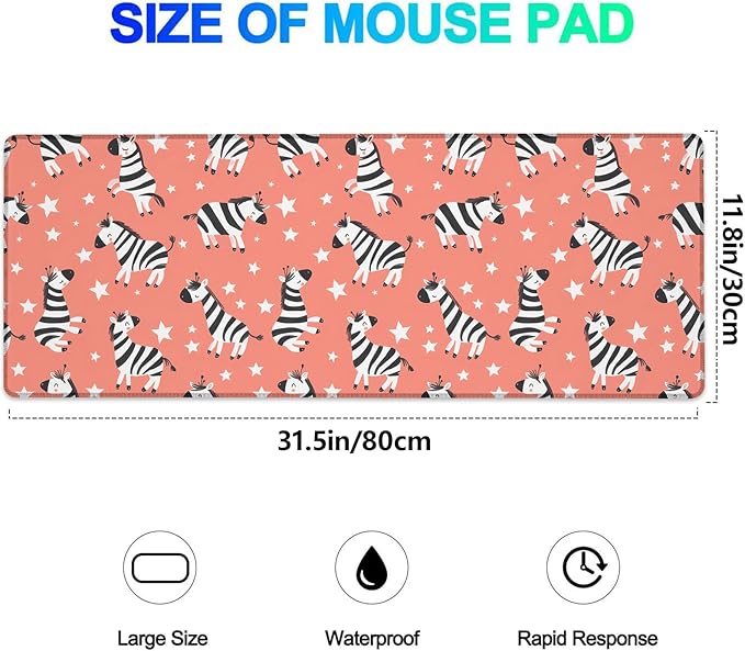 Funny Zebra Gaming Mouse Pad, Extended Cartoon Animal Desk Mat Computer Laptop Mousepad, Robust Stitched Edges, 31.5"×11.8" Large Office Keyboard Cute Mouse Pads for Home Desktop Decor