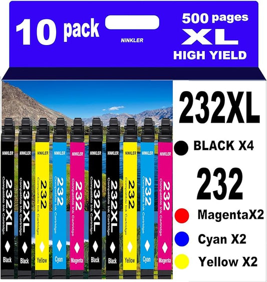 232XL Remanufactured for Epson 232XL Ink Cartridges Combo Pack 232 T232XL for XP-4200 XP-4205 Workforce WF-2930 WF-2950 Printer 10 Pack 4 Black 2 Cyan 2 Magenta 2 Yellow