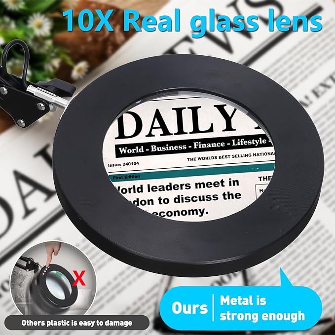 KIRKAS 10X Magnifying Glass with Light and Stand, 2-in-1 Stepless Dimmable LED Desk Lamp with Clamp, 3 Color Modes Lighted Magnifier Swivel Arm Light for Reading, Craft, Close Works - Black