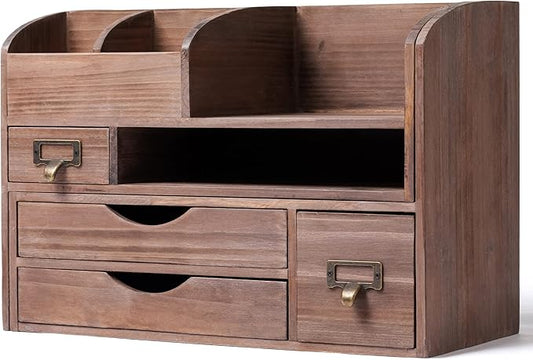 Executive Office Solutions Adjustable Wooden Desk Organizer For Desktop, Tabletop, Office or Counter – Wood Storage Shelf Rack For Office Supplies, Desk Accessories, or Mail – Brown