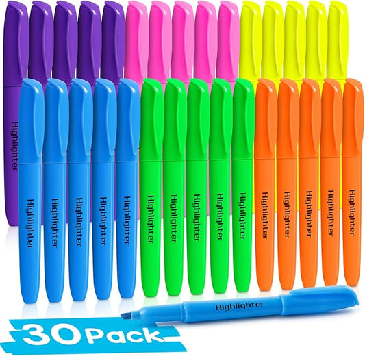 V-Opitos 30 Pack Highlighters in 6 Assorted Colors, No Bleed, Bright With Soft Chisel Tips, Ideal for Office and School Supplies