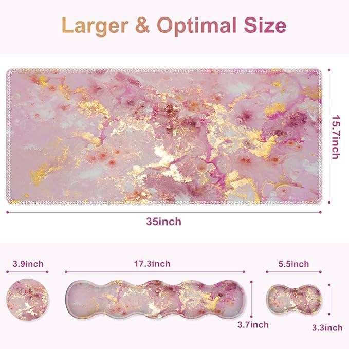 Gaming Mouse Pad Keyboard Wrist Support, 4 in1 Mousepad Set with Wrist Keyboard Rest, Computer Desk Mat, Non-Slip Desk Pad Protector with Memory Foam Easy Typing Pain Relief I Nice Pink Marble