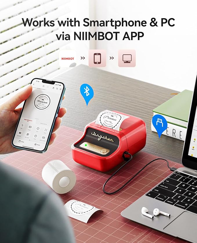 NIIMBOT B21 Label Maker, 2 Inch Portable Thermal Label Printer, Label Maker Machine with Tape, Compatible with Android, iOS & PC,Labeling for Home Storage Office and Small Business,Red