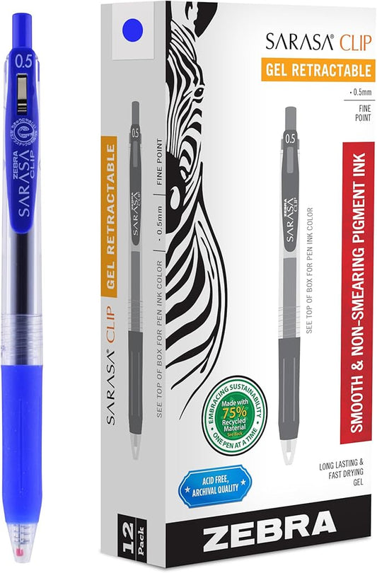 Zebra Pen Sarasa Clip Recycled Retractable Gel Pen, Fine Point, 0.5mm, Blue Ink, Ideal for School Suppies and Teacher Supplies, 75% Recycled,12-Pack (47320AMZ)