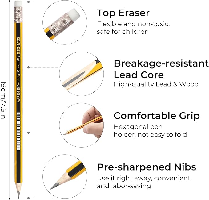 M&G 24 Pack Pre-Sharpened 2B Wooden Pencils with Top Erasers, Ideal for Schools, Offices, and Homes