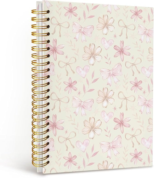 MOFUYU Cute Notebook for Girls,Coquette Bow Hardcover Spiral Notebook,Pastel Yellow Floral Journal A5,Pretty Gift for Teen Girls or Students