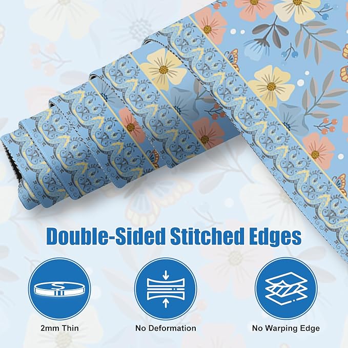 Blue Floral Desk Mat, Large Desk Matt for Desktop, Cute Women Deskpad Mat, XXL Big Mouse Pad for Deskpc, Anti-Slip Mousepad with Stitched Edges, Keyboard Pad Mouse pat Cover for Computer 35.4×15.7 in