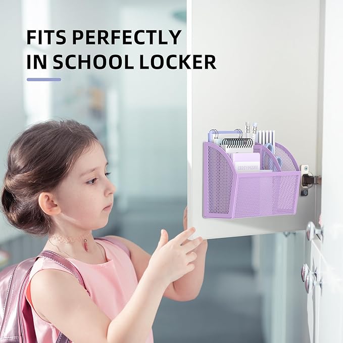 DALTACK Magnetic Pencil Holder - 3-Grid Mesh Shelf for Whiteboard, Refrigerator & Locker - Organizer for Home, School & Office, Purple