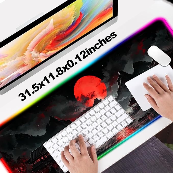 RGB Japanese Dreamy Lakescape Full Moon Gaming Desk Mat, Computer Keyboard Large Extended Long LED Mouse Pad for Office and Home, XL (W07)