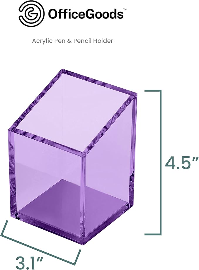 OfficeGoods Acrylic Pen & Pencil Holder - Modern Trapezoid Design - Beautiful Desk Organizer for Home or Office - Contrasting Metal Base - 3" Square w/ 3.5" Front & 4.5" Back - Purple