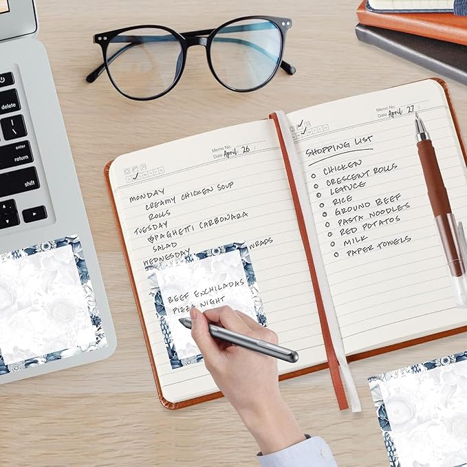 Sticky Notes, 2 Pads, 3x3 inches, Cute Colorful Fun Self-Stick Note Pads, Easy Post, Strong Adhesive Notepad Navy Blue Vintage Floral