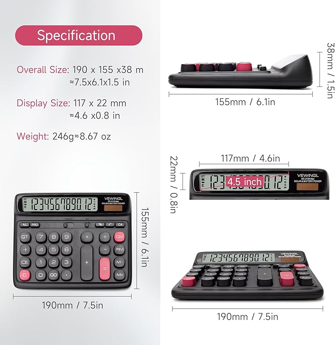 VEWINGL Desktop Calculator, 12-Digit Large LCD Display, Big Computer-Style Keys, Dual Power (Solar & Battery), Auto Sleep Mode, for Office, School, Home & Business 7.5″ x 6.1″ (Black, L)
