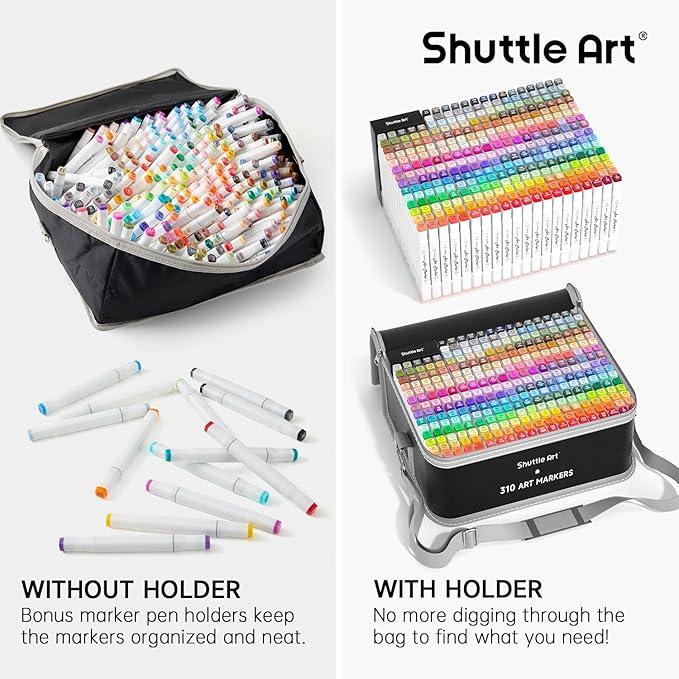 Shuttle Art 310 Colors Alcohol Markers, 309 Colors Dual Tip Art Marker Set Plus Colorless Blender, Micro-tip Pens, White Highlighter Pens, Marker Bag with Holders Perfect for Students Adults Coloring