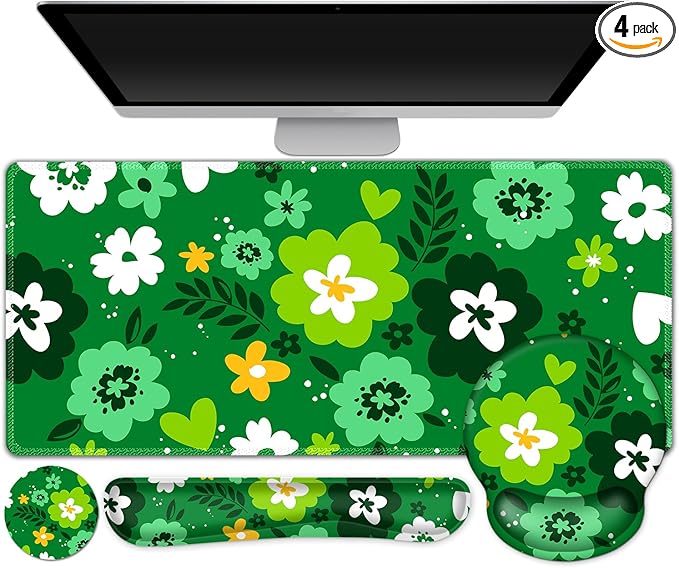 AIMSA Keyboard Mouse Pad Wrist Rest Set, Large Gaming Mouse Desk Pad with Wrist Support Ergonomic Design, 4 in 1 Mousepad for Home Office, Green Flowers