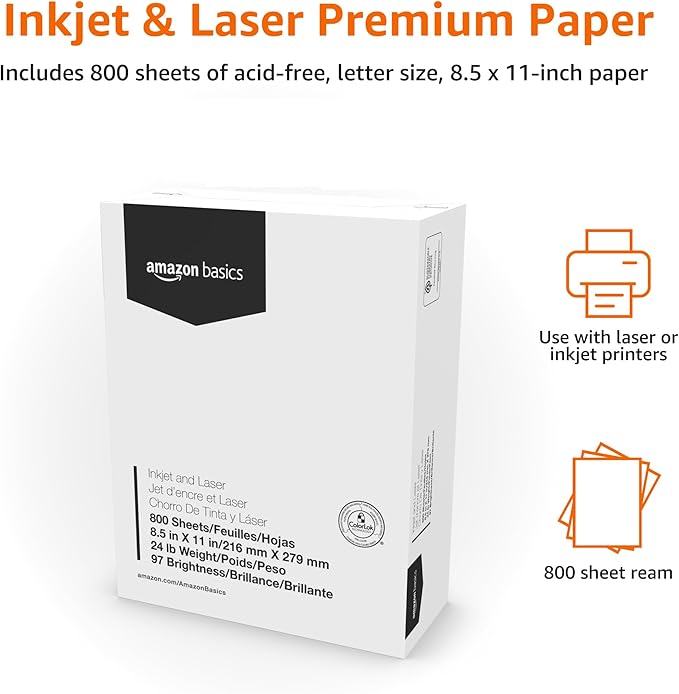 Amazon Basics Multipurpose Copy Printer Paper, 8.5 x 11 Inches , 24 lb, 1 Mega Ream, (800 Sheets), 97 Bright, White