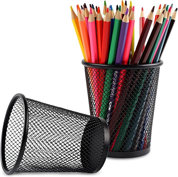 AZUREAL Pencil Holder 2 Pack, Black Mesh Desk Pen Holders, Premium Metal Pen Cup Holder for Desk, Office, Home, School