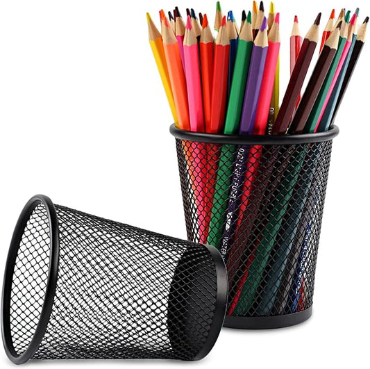 AZUREAL Pencil Holder 2 Pack, Black Mesh Desk Pen Holders, Premium Metal Pen Cup Holder for Desk, Office, Home, School