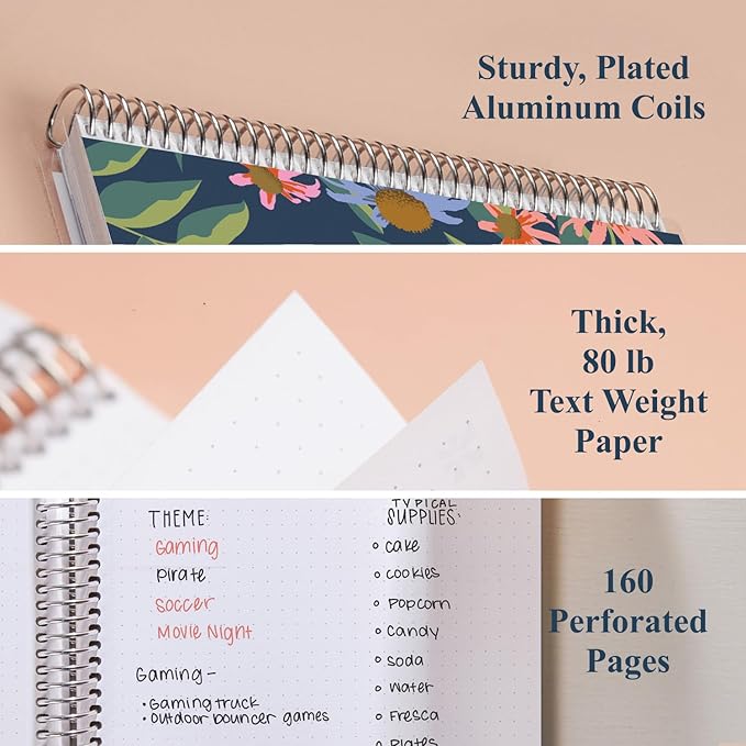 Erin Condren 8.5” x 11” Dot Grid Spiral Notebook, 5mm Dotted Layout with 80 Lb. Paper, Daisy Blooms Cover, 160 Dot Grid Notebook Pages, Platinum Coil, Stickers Included