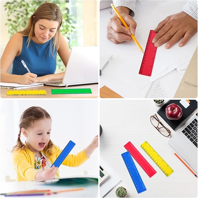 32 Pack 6 Inch Mini Rulers Bulk Plastic Small Rulers with Inches and Centimeters, Drafting Measuring Tool Set for Classroom Kids Student School Office Supplies(6 Inch,Yellow, Green, Blue, Red)