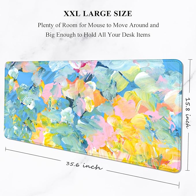 Auhoahsil Desk Mouse Pad, Large Gaming Mousepad, XXL Desk Pad, Extended Long Superior Micro-Weave Cloth Non-slip Rubber Big Computer Mouse Mat for Gamer, Office & Home, 35" x 15", Abstract Watercolour