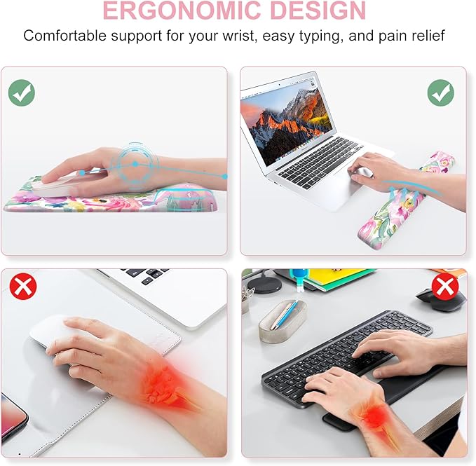 iCasso Mouse Pad with Wrist Rest,Large Desk Mat Set,Ergonomic Keyboard Pad with Wrist Support,Non-Slip Mouse Mat for Women,Cute Floral Computer Mat for Home Office Gaming (Watercolor Flowers)