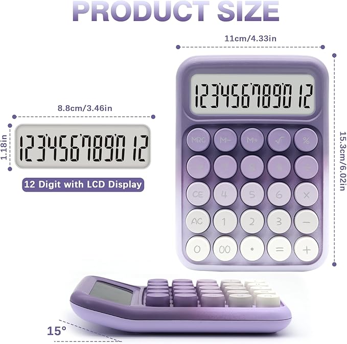 Standard Calculator - Gradient Purple with 12 Digit Display and Big Buttons, Cute Office and School Accessory