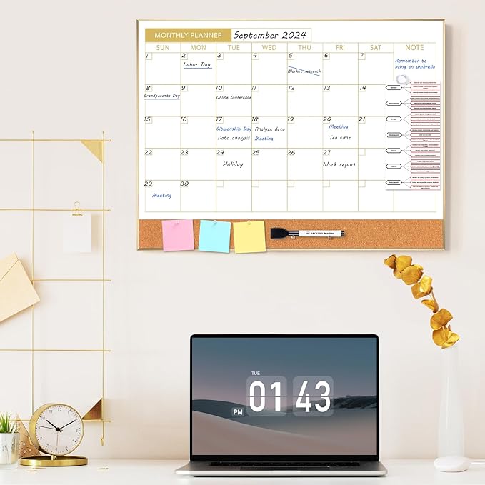 ARCOBIS Dry Erase Calendar Whiteboard Cork Board Combo, 24"x18" Magnetic White Board Calendar Dry Erase for Wall, Gold Frame Monthly Combination Board for Office, Home, School