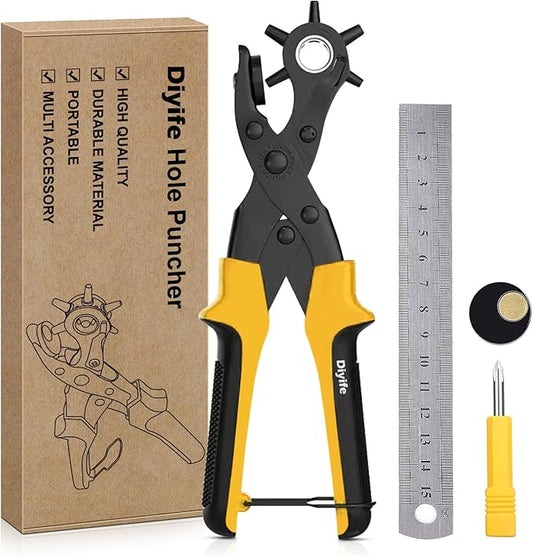 Leather Hole Puncher, Diyife® Full Set Punch Tool Kits for Belt, Watch Band, Shoe, Crafting, Handbag Straps, Fabric, with Extra Punch Plates and Ruler, Multi Hole Sizes Make - Yellow