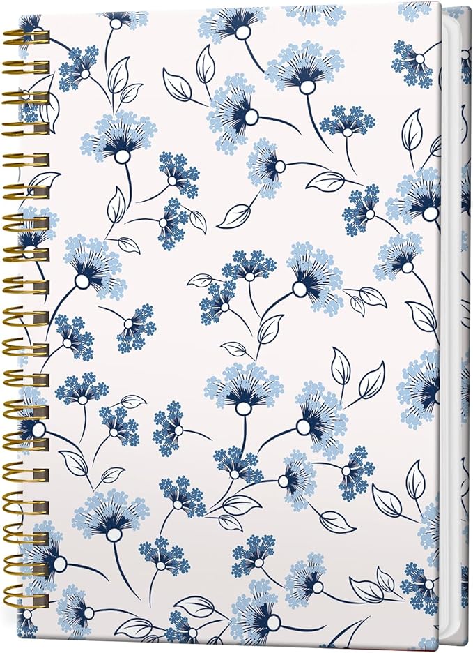 Spiral Notebook Journal for Women Men, A5 Hardcover Journal, 120 Pages Thick Paper, College Ruled Writing Notebook for School, Work & Office 8.3'' × 5.9''(Blue Flower Leaf)