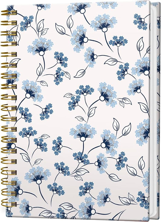 Spiral Notebook Journal for Women Men, A5 Hardcover Journal, 120 Pages Thick Paper, College Ruled Writing Notebook for School, Work & Office 8.3'' × 5.9''(Blue Flower Leaf)