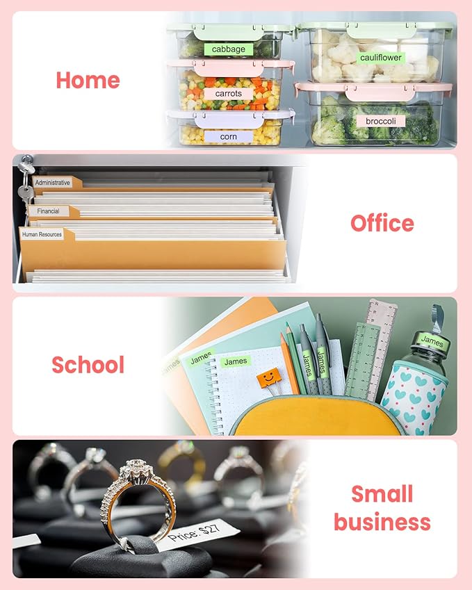 Vixic Pink Label Maker, D210S Label Maker with Tapes Waterproof, Handheld Label Makers Labeler Includes USB-C for Power, Easy-to-Read Screen, Multiple Fonts Icons Frames for Home Office Organization