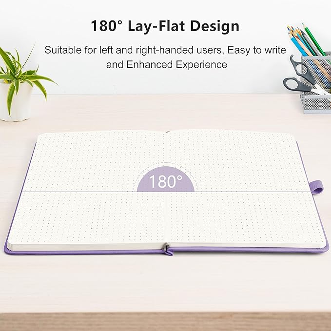RETTACY Bullet Dotted Journal Notebook, 192 Pages, A5 Medium Size (5.7'' x 8.3''), Leather Hardcover, 100 GSM Thick Paper, for Bullet Journaling, Planning, Tracking (Purple)