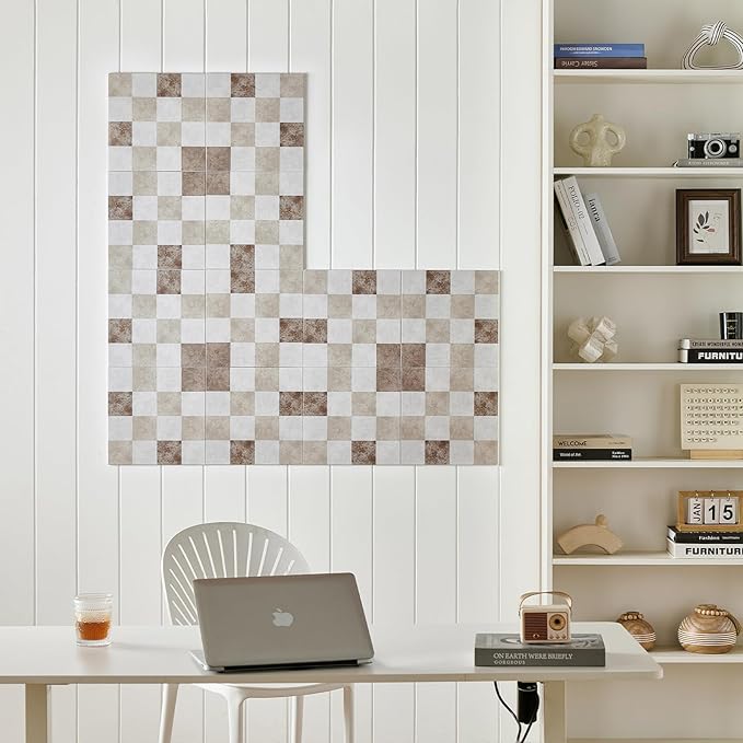 12-Pack Felt Wall Tiles, Large Bulletin Board with Safe Removable Adhesive Tapes, 11.8 x 11.8in Panels Alternative for Home Wall Decor, Checkered Pattern