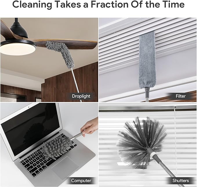 DELUX Microfiber Feather Duster,7 PCS Reusable Bendable Washable Cobweb Duster with 100 inches Extra Long Extension Pole for Cleaning Ceiling Fan, High Ceiling, Blinds, Furniture & Cars