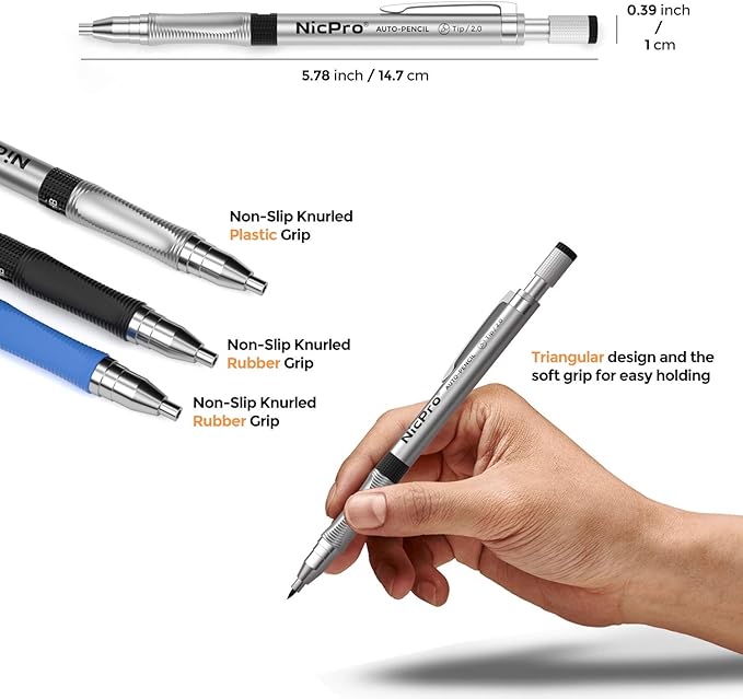 Nicpro 11 Pieces 2mm Mechanical Pencil Set, 3 PCS Carpenter Drafting Pencil 2.0 mm for Art Drawing Writing Sketching Construction with 6 Tube Pre-Sharpen HB & 2B Refill, Eraser, Sharpener