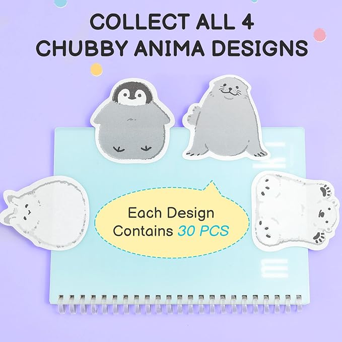 M&G Chubby Animal Sticky Notes, 4 Pads 120 Sheets, 3 x 2 Inch Cute Cartoon Memo Pads, Foldable Stand Self-Stick Notes for School Office Home