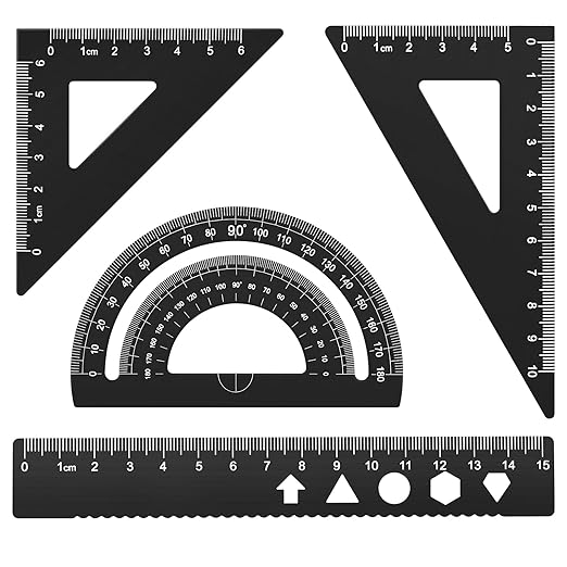 MSDADA Triangle Ruler, Protractor, Square and Ruler Set, 4 Pieces Aluminum Alloy Ruler, Metal Drafting Ruler Kit, Geometric Protractor for Student, School, Home, Office (Black, 15cm/5.9inch)