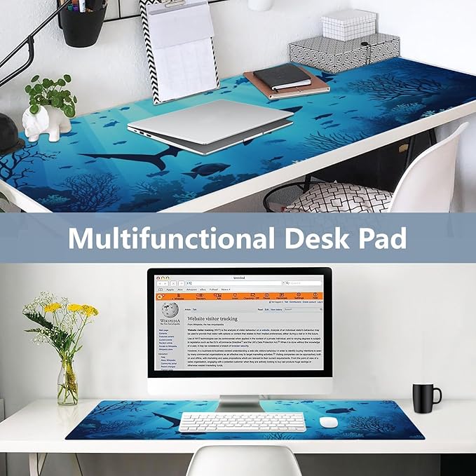 Mouse Pad Desk Mat Leather Desk Pad Large Gaming Desk Cover Protector Mat for Keyboard Computer Laptop Office Waterproof 35.4 x 16.5 Inch Sharks Coral Reef Tropical Blue
