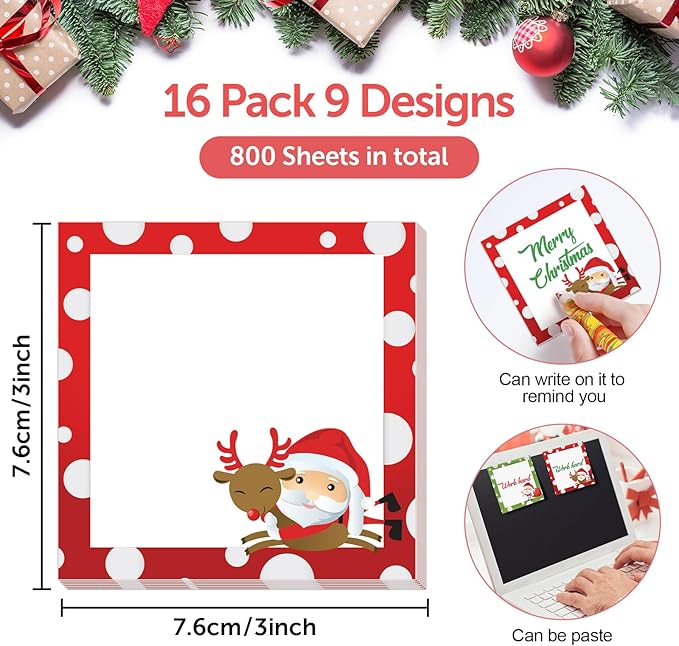 9 PCS Christmas Sticky Note Christmas Note Pads Christmas Notepad Set Cute Self Adhesive Memo Notepads for Xmas Winter Holiday Party School Work Study Supplies，450 Sheets (Christmas-3, 9)