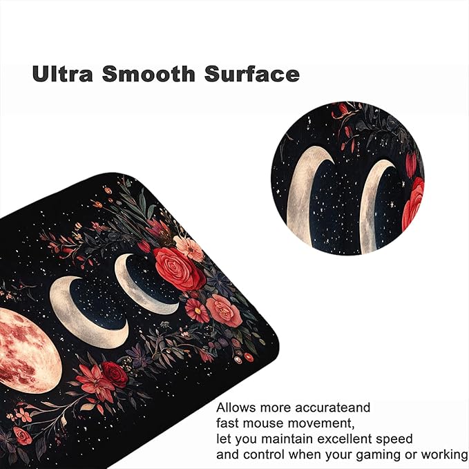 Moon Phase Desk Mat Gaming Mouse Pad - Watercolor Flowers Leaves Large Extended Mousepad for Laptop Keyboard - Office Computer Home Gaming Desk Pad 31.5"x11.8"