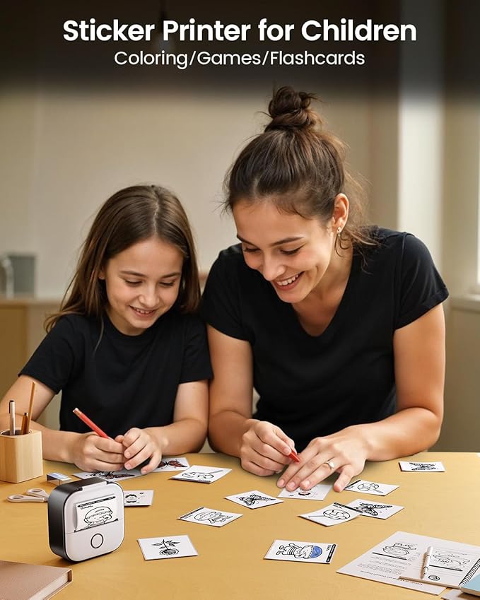 Memoking Mini Printer - Sticker Printer T02 Thermal Sticker Maker Machine Mini Portable Pocket Machine Inkless Label Maker for Anatomy Flashcard, Journal, Note, Receipt, Kids, Black